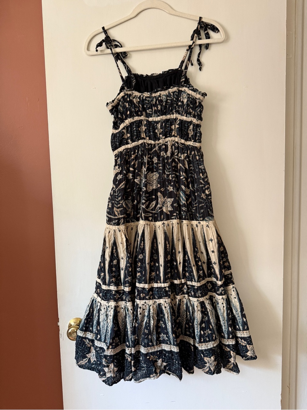Ulla Johnson Black and Cream Floral Tie-Shoulder Midi Dress - Picture 2 of 7
